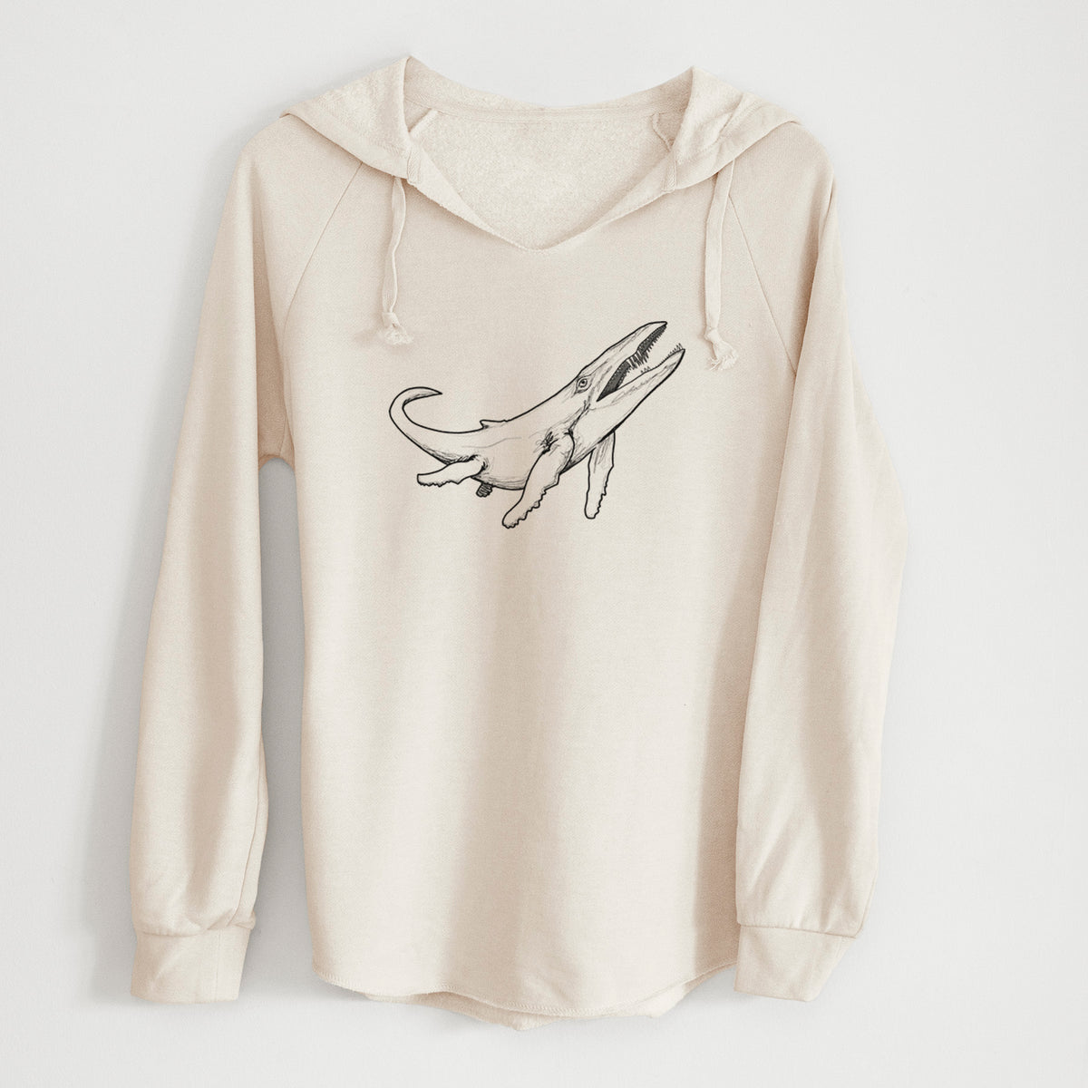 Bone cream women's Cali Wave hooded sweatshirt laid flat, printed with a black ink illustration of a Kronosaurus marine reptile swimming.