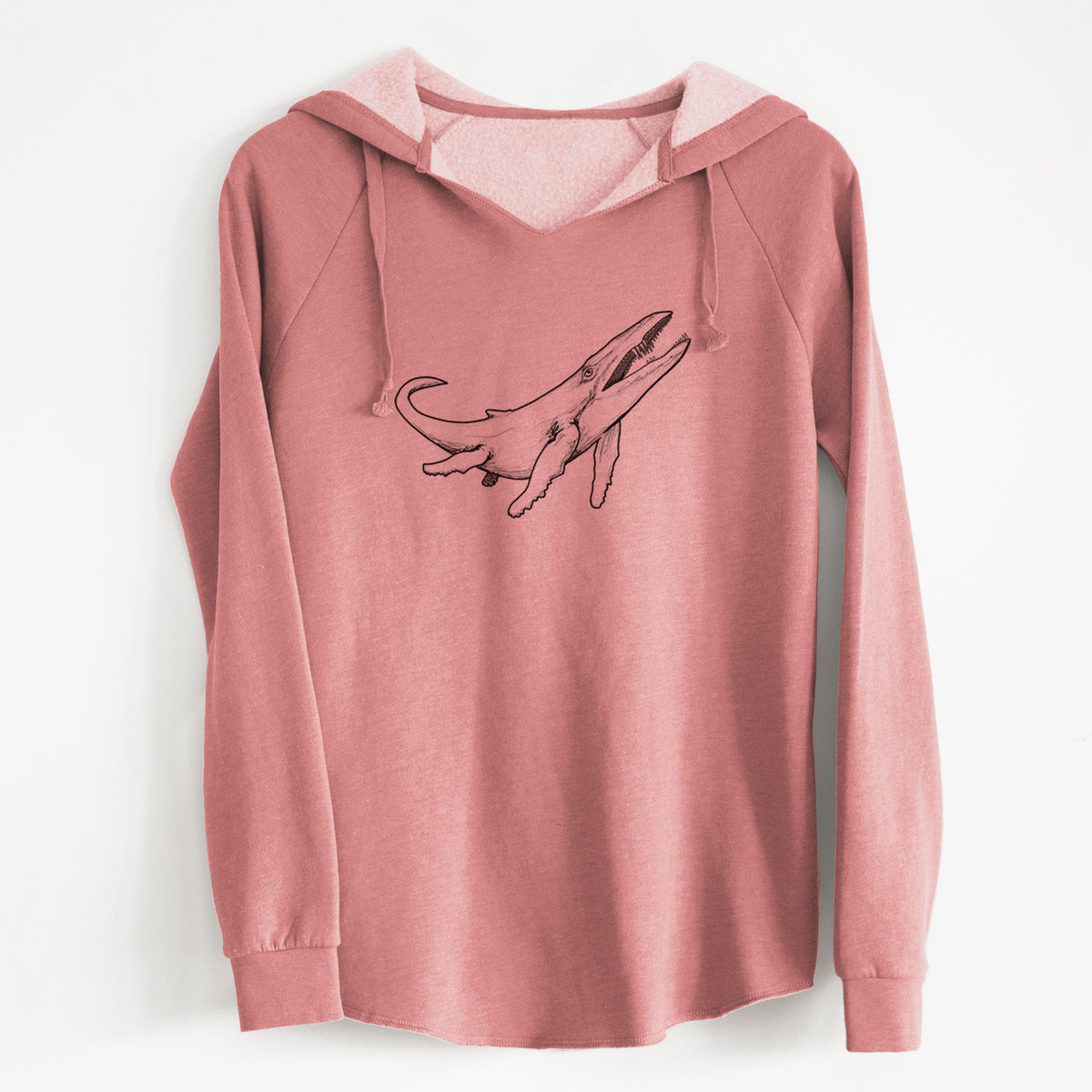 Dusty rose women's Cali Wave hooded sweatshirt laid flat, printed with a black ink illustration of a Kronosaurus marine reptile swimming.