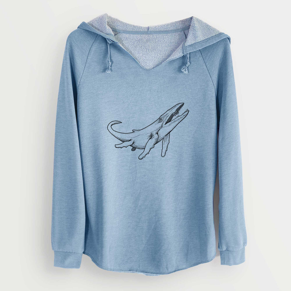 Misty blue women's Cali Wave hooded sweatshirt laid flat, printed with a black ink illustration of a Kronosaurus marine reptile swimming.