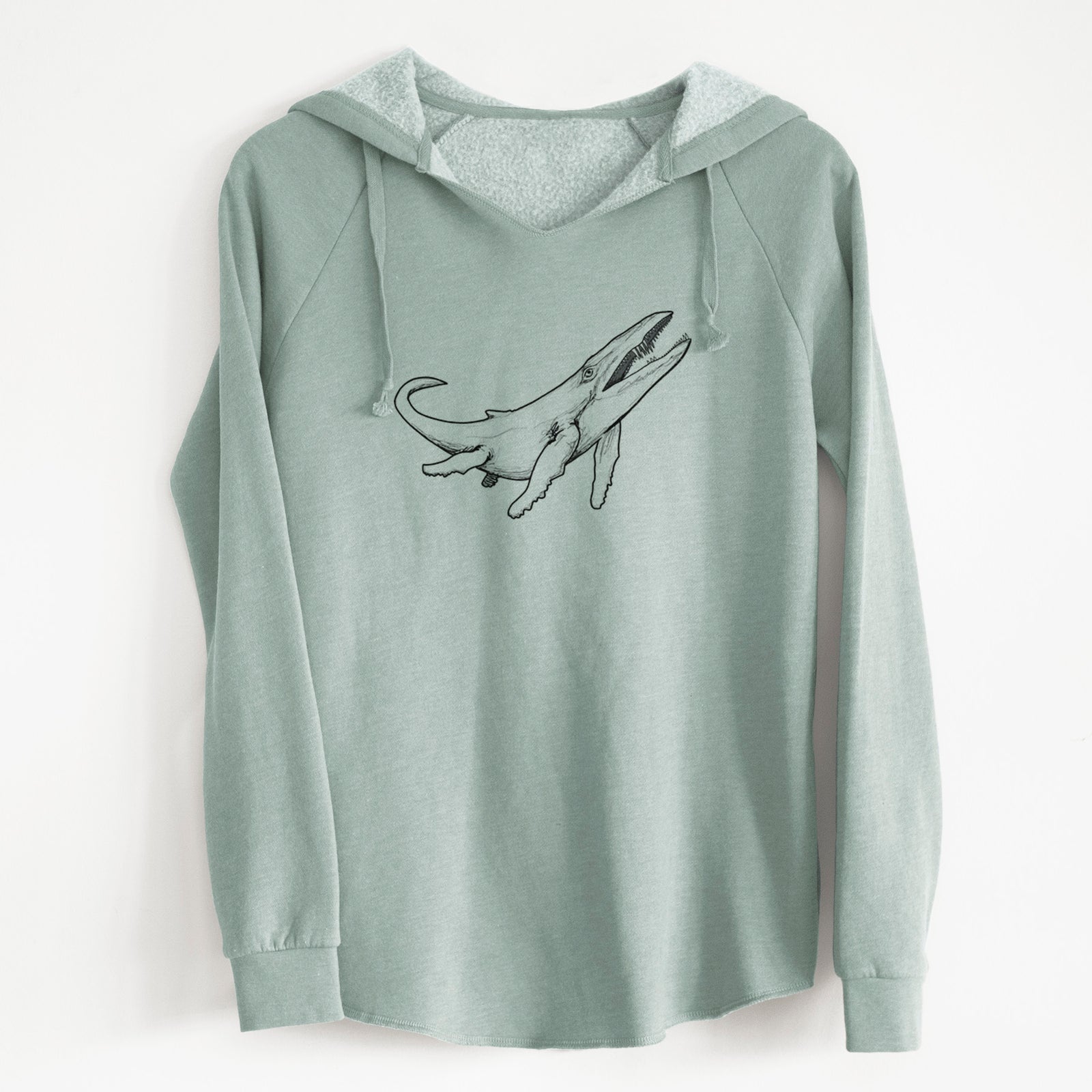 Sage green women's Cali Wave hooded sweatshirt laid flat, printed with a black ink illustration of a Kronosaurus marine reptile swimming.