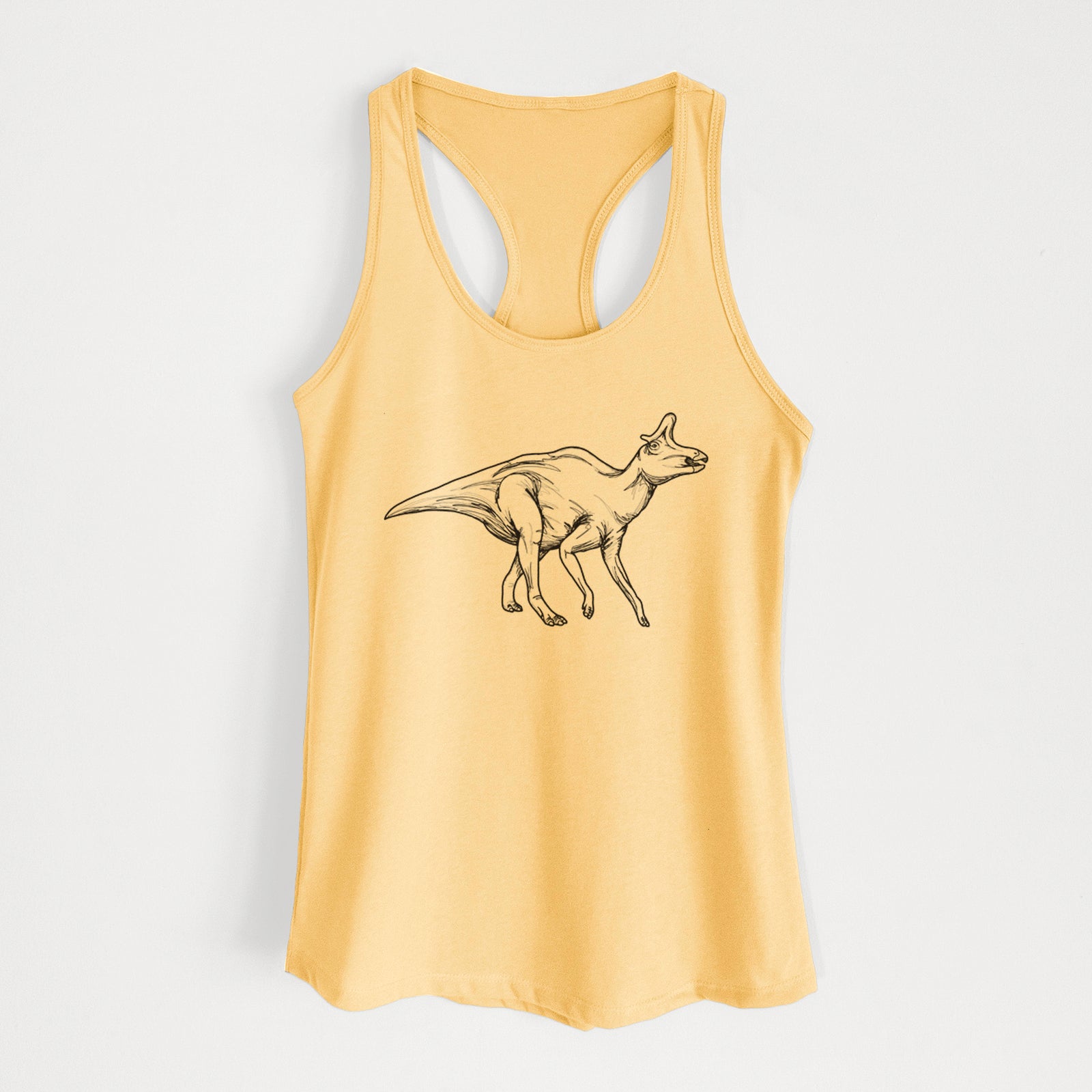 Banana cream women's racerback tank top laid flat, printed with a black ink illustration of a crested Lambeosaurus walking.