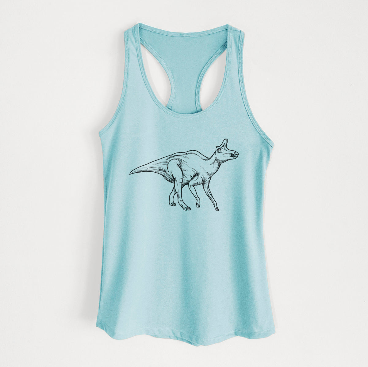 Cancun blue women's racerback tank top laid flat, printed with a black ink illustration of a crested Lambeosaurus walking.