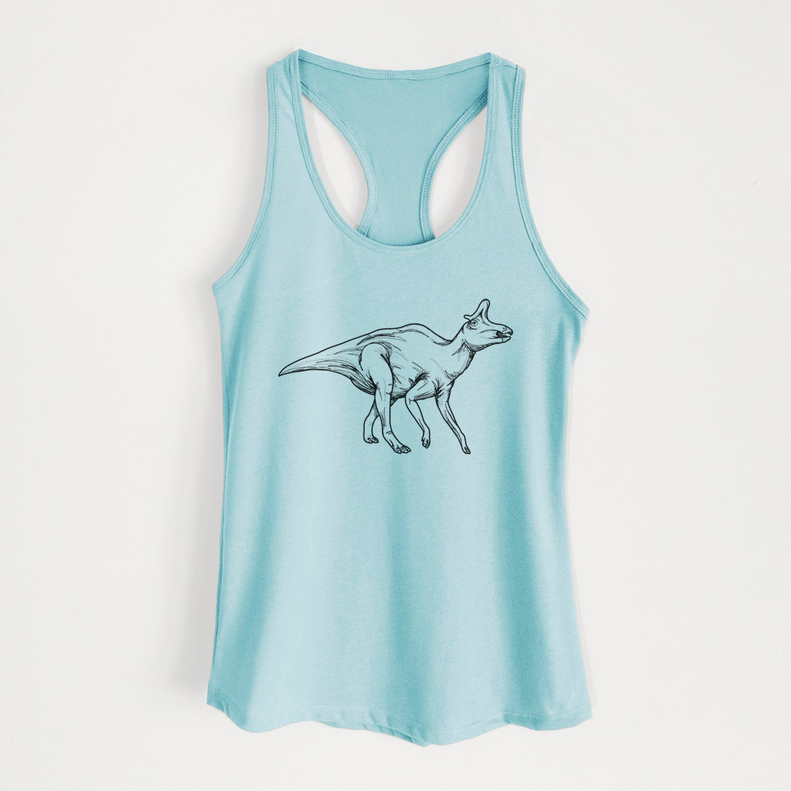 Banana cream women's racerback tank top laid flat, printed with a black ink illustration of a crested Lambeosaurus walking.