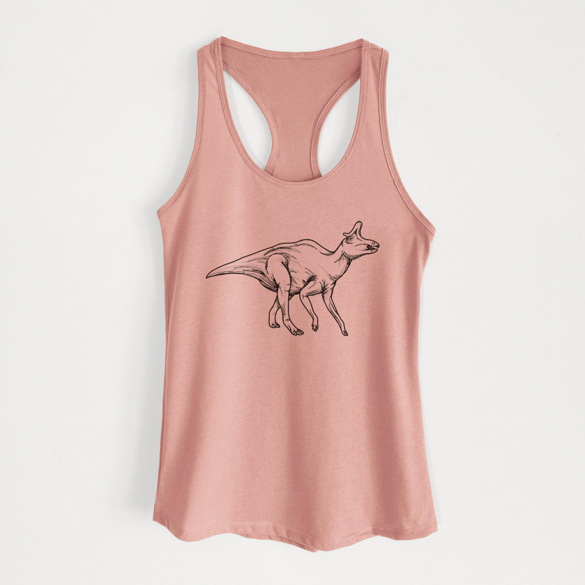 Desert pink women's racerback tank top laid flat, printed with a black ink illustration of a crested Lambeosaurus walking.