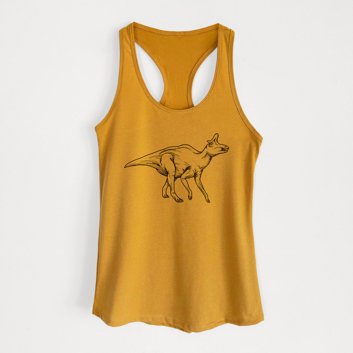Gold women's racerback tank top laid flat, printed with a black ink illustration of a crested Lambeosaurus walking.