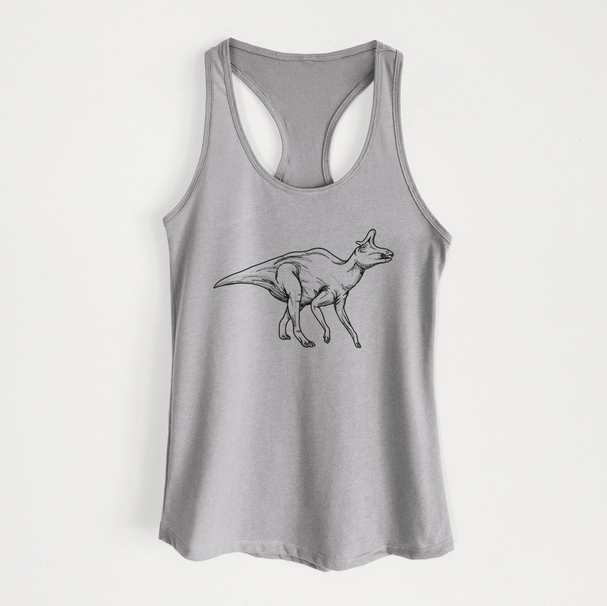 Heather grey women's racerback tank top laid flat, printed with a black ink illustration of a crested Lambeosaurus walking.