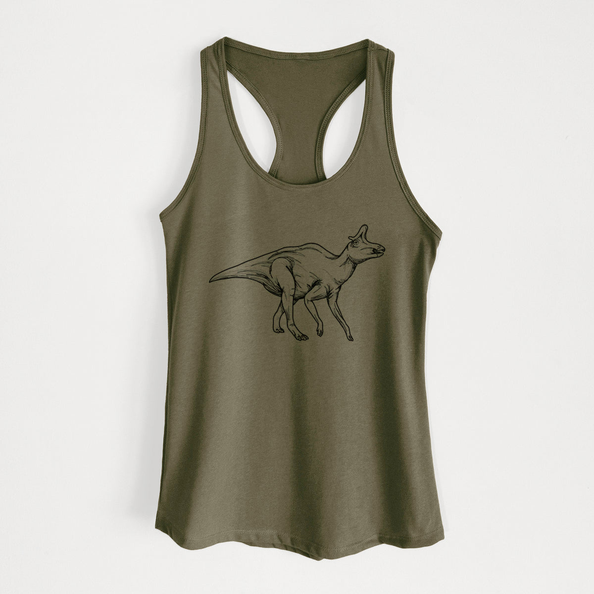 Military green women's racerback tank top laid flat, printed with a black ink illustration of a crested Lambeosaurus walking.