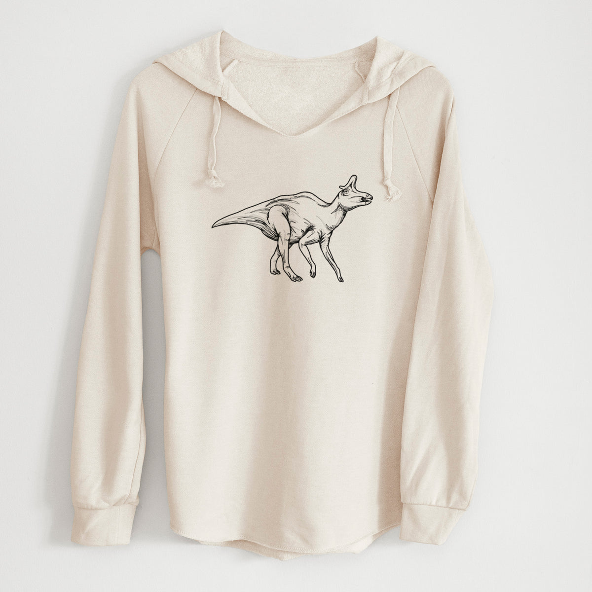 Bone cream women's Cali Wave hooded sweatshirt laid flat, printed with a black ink illustration of a crested Lambeosaurus walking.