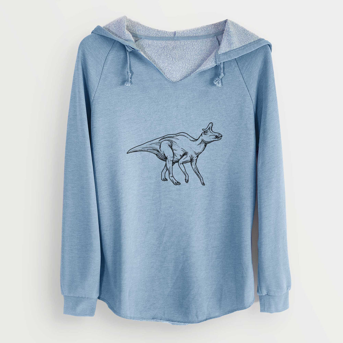 Misty blue women's Cali Wave hooded sweatshirt laid flat, printed with a black ink illustration of a crested Lambeosaurus walking.
