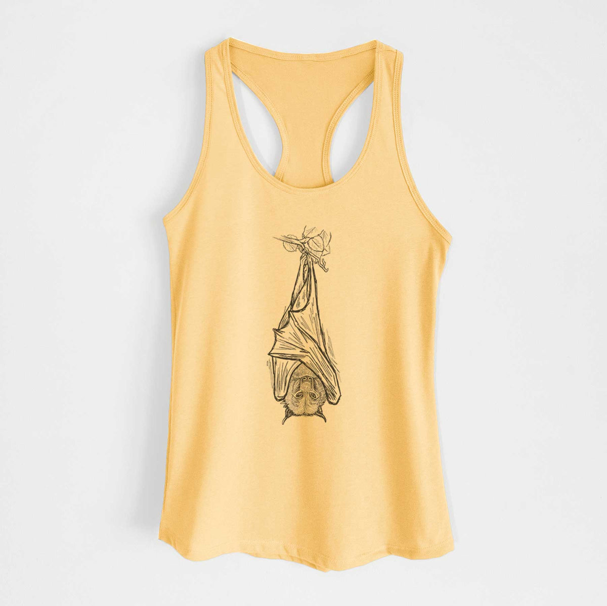 Banana cream women's racerback tank top laid flat, printed with a black ink illustration of a large flying fox bat hanging upside down with its wings wrapped around it.