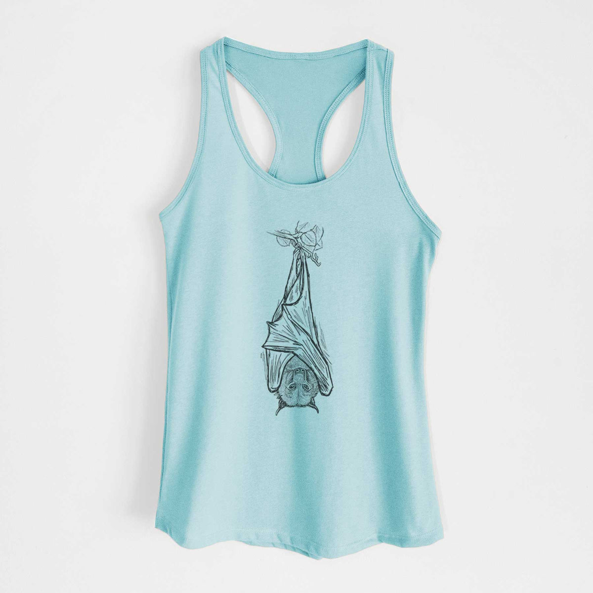 Cancun blue women's racerback tank top laid flat, printed with a black ink illustration of a large flying fox bat hanging upside down with its wings wrapped around it.