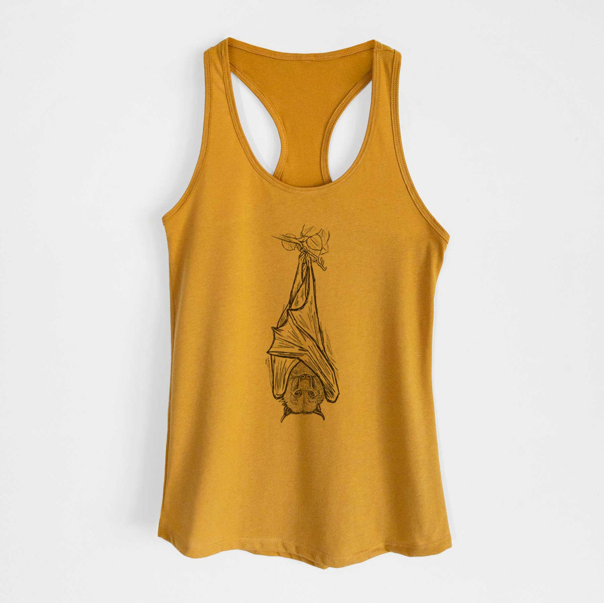 Gold women's racerback tank top laid flat, printed with a black ink illustration of a large flying fox bat hanging upside down with its wings wrapped around it.