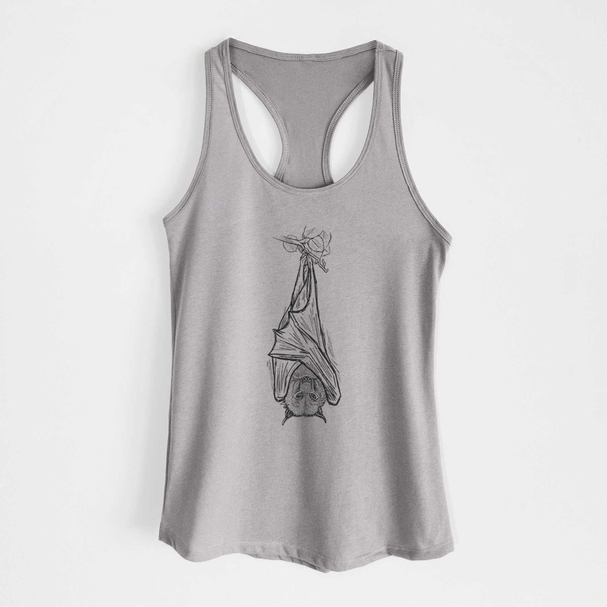 Heather grey women's racerback tank top laid flat, printed with a black ink illustration of a large flying fox bat hanging upside down with its wings wrapped around it.