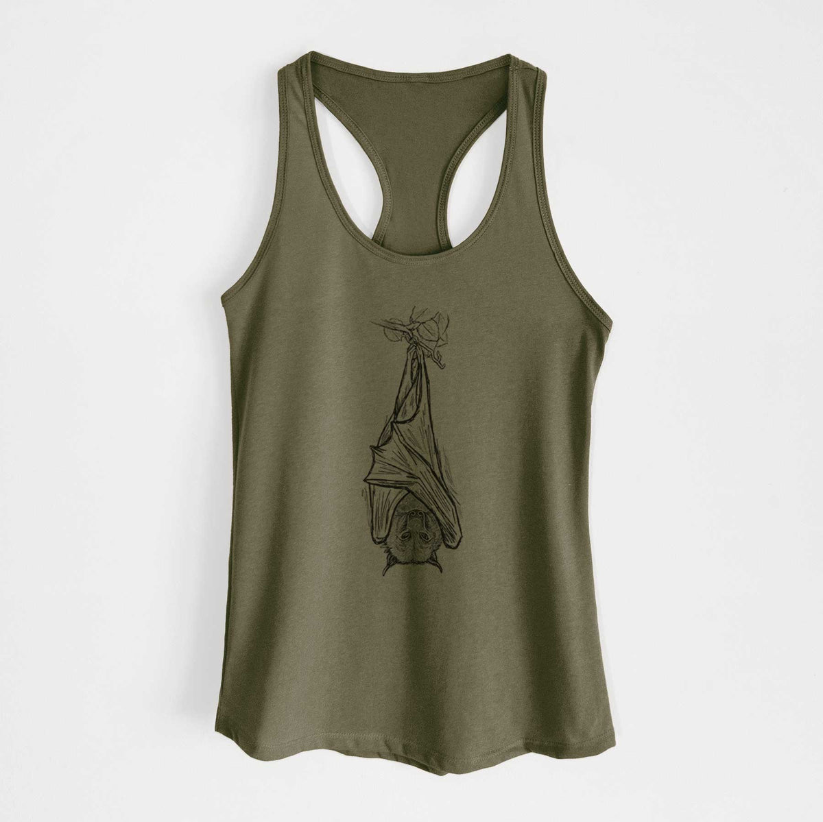 Military green women's racerback tank top laid flat, printed with a black ink illustration of a large flying fox bat hanging upside down with its wings wrapped around it.