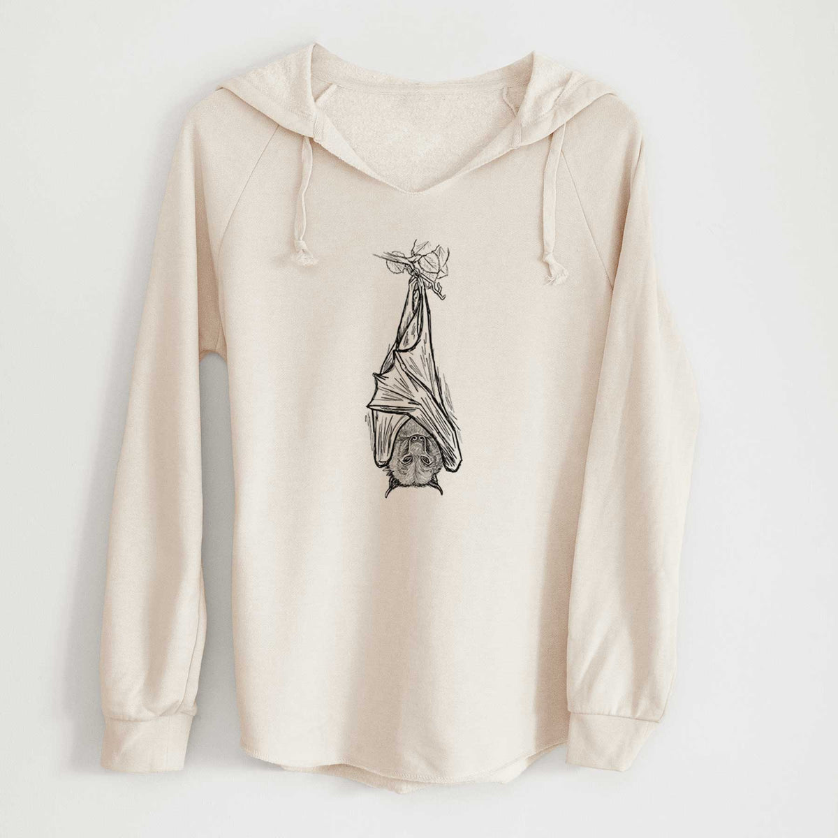 Bone cream women's Cali Wave hooded sweatshirt laid flat, printed with a black ink illustration of a large flying fox bat hanging upside down with its wings wrapped around it.