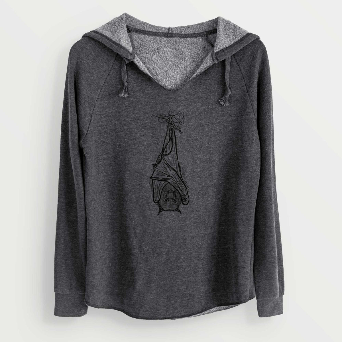 Charcoal grey women's Cali Wave hooded sweatshirt laid flat, printed with a black ink illustration of a large flying fox bat hanging upside down with its wings wrapped around it.