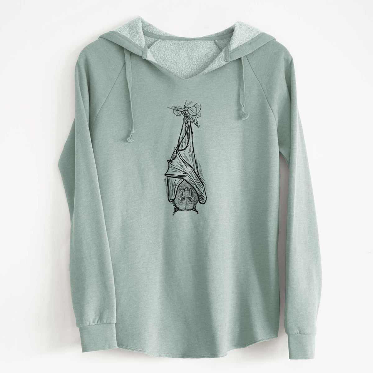 Sage green women's Cali Wave hooded sweatshirt laid flat, printed with a black ink illustration of a large flying fox bat hanging upside down with its wings wrapped around it.