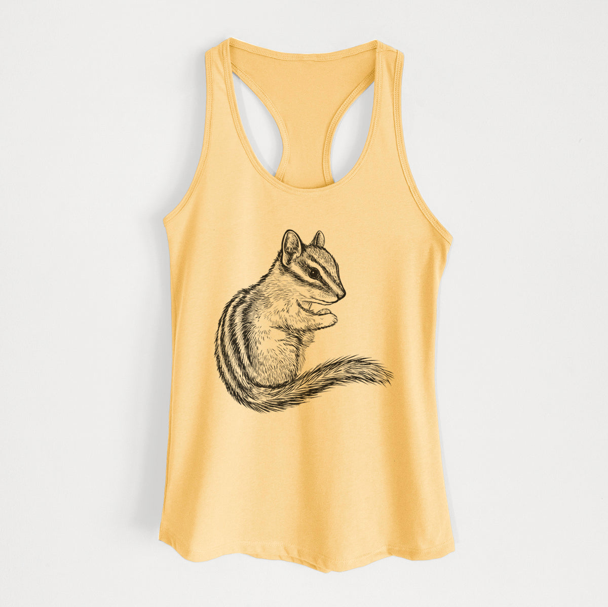 Banana cream women's racerback tank top laid flat, printed with a detailed black ink illustration of a least chipmunk sitting and holding food in its paws.