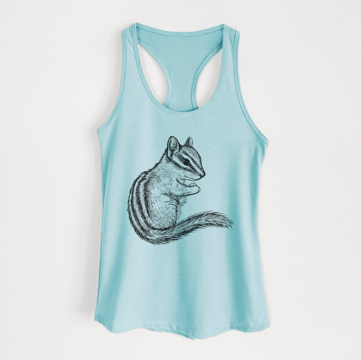 Cancun blue women's racerback tank top laid flat, printed with a detailed black ink illustration of a least chipmunk sitting and holding food in its paws.