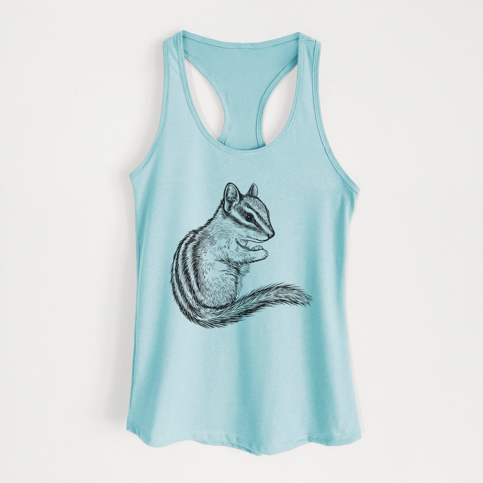 Banana cream women's racerback tank top laid flat, printed with a detailed black ink illustration of a least chipmunk sitting and holding food in its paws.