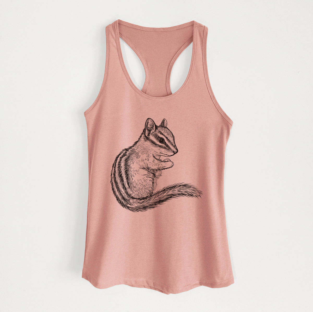 Desert pink women's racerback tank top laid flat, printed with a detailed black ink illustration of a least chipmunk sitting and holding food in its paws.
