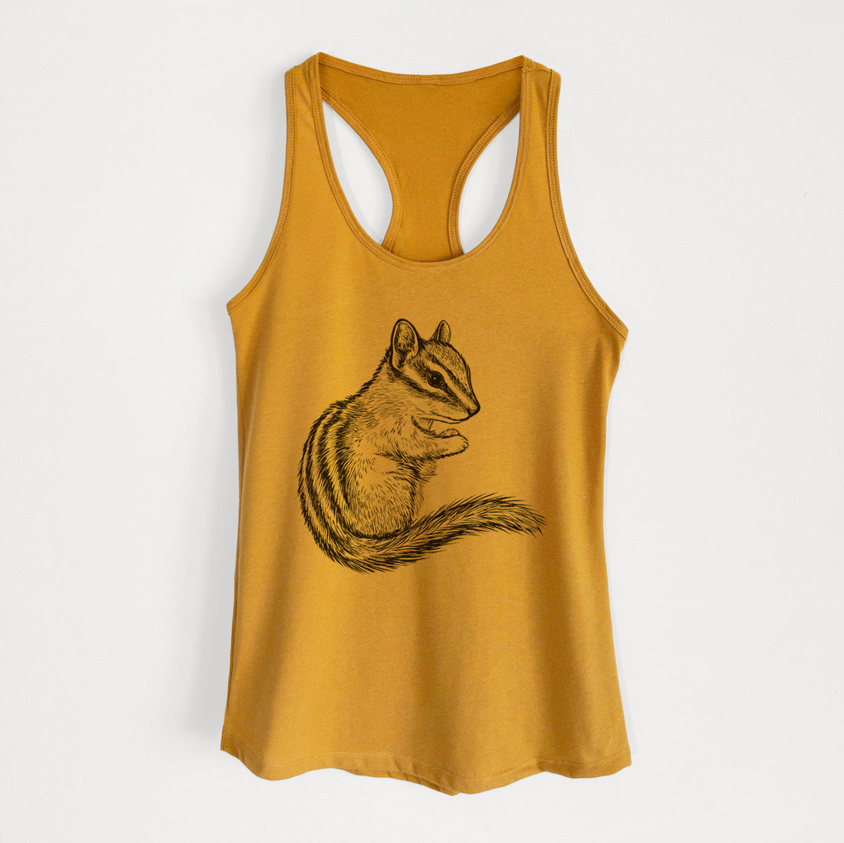 Gold women's racerback tank top laid flat, printed with a detailed black ink illustration of a least chipmunk sitting and holding food in its paws.