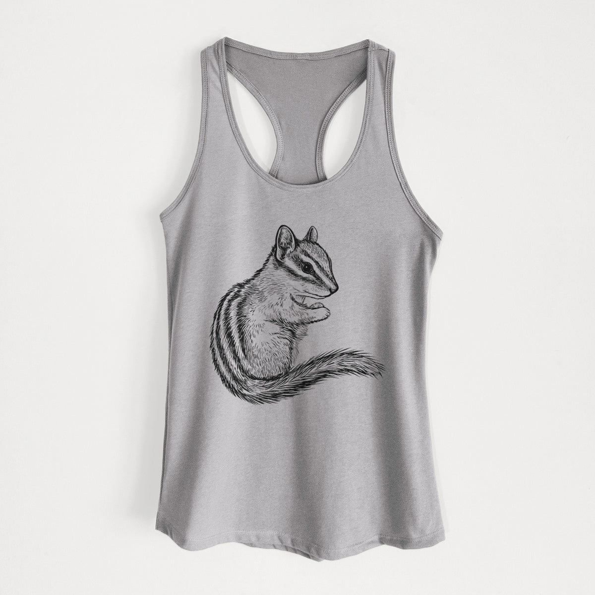 Heather grey women's racerback tank top laid flat, printed with a detailed black ink illustration of a least chipmunk sitting and holding food in its paws.