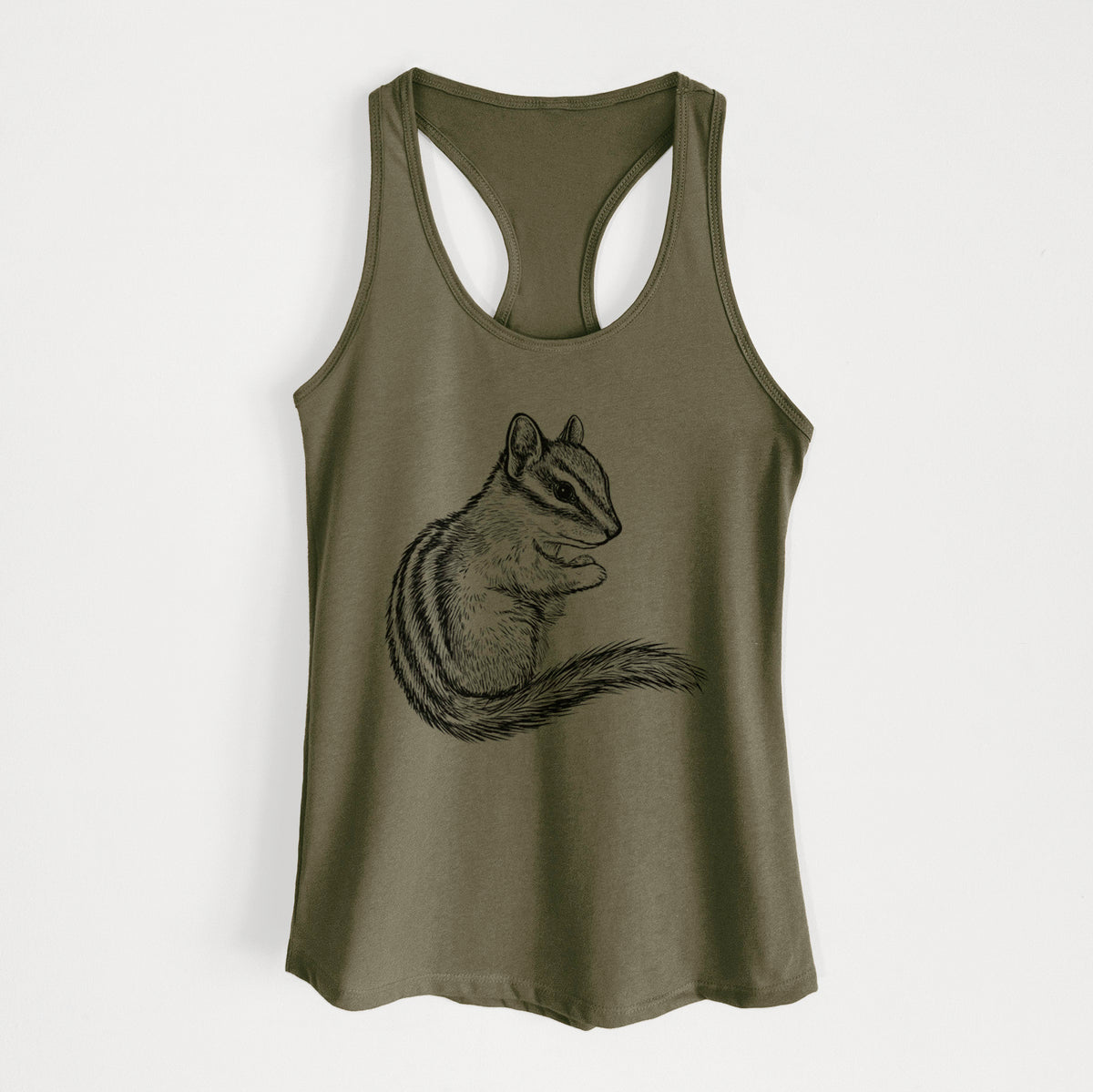 Military green women's racerback tank top laid flat, printed with a detailed black ink illustration of a least chipmunk sitting and holding food in its paws.