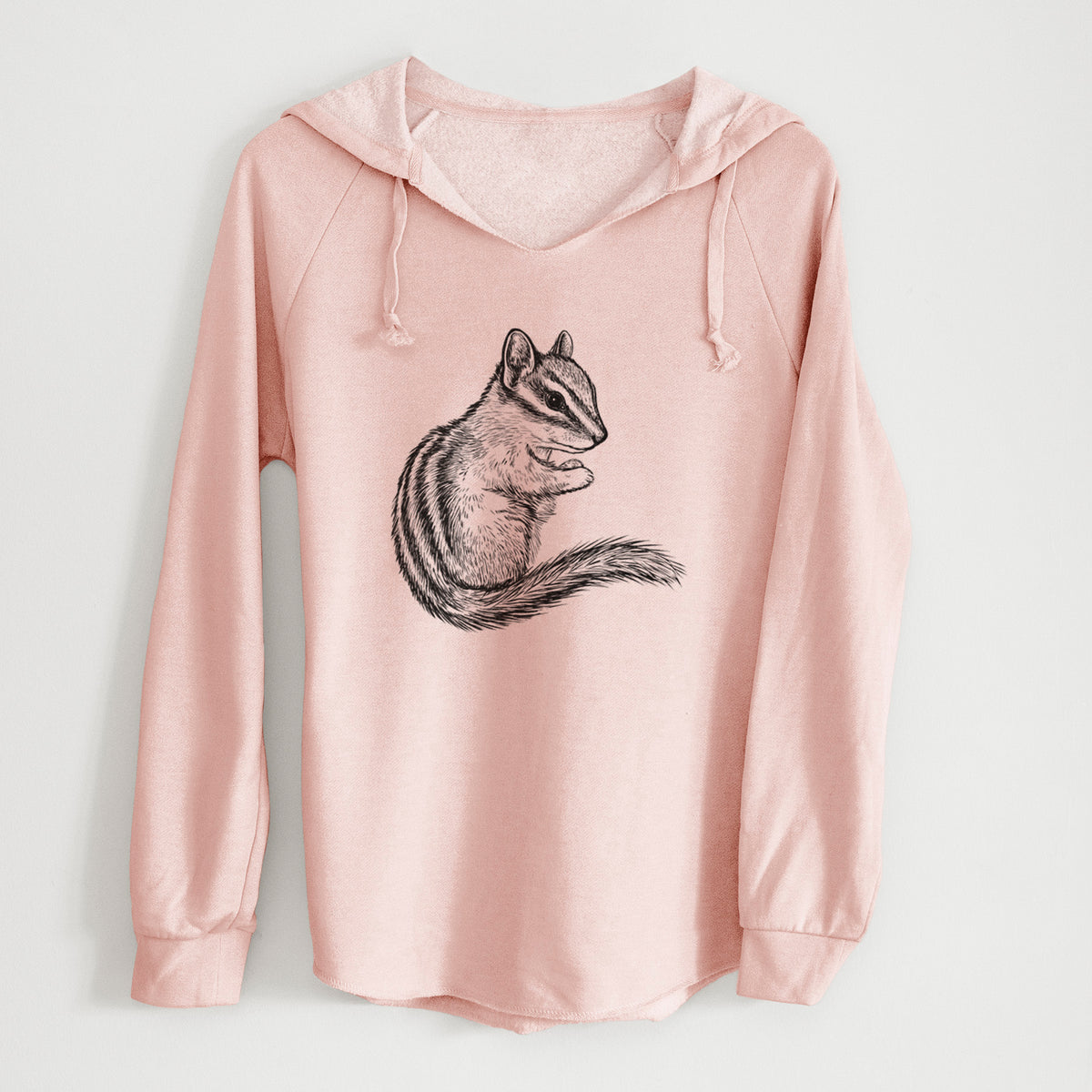 Blush pink women's Cali Wave hooded sweatshirt laid flat, printed with a detailed black ink illustration of a least chipmunk sitting and holding food in its paws.
