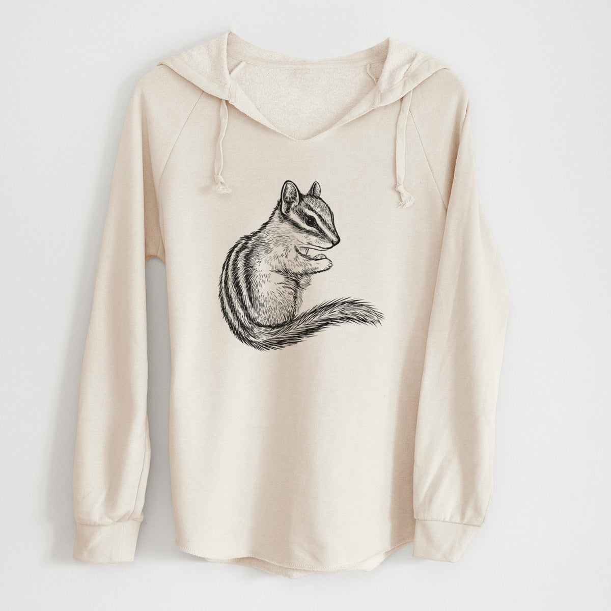 Bone cream women's Cali Wave hooded sweatshirt laid flat, printed with a detailed black ink illustration of a least chipmunk sitting and holding food in its paws.