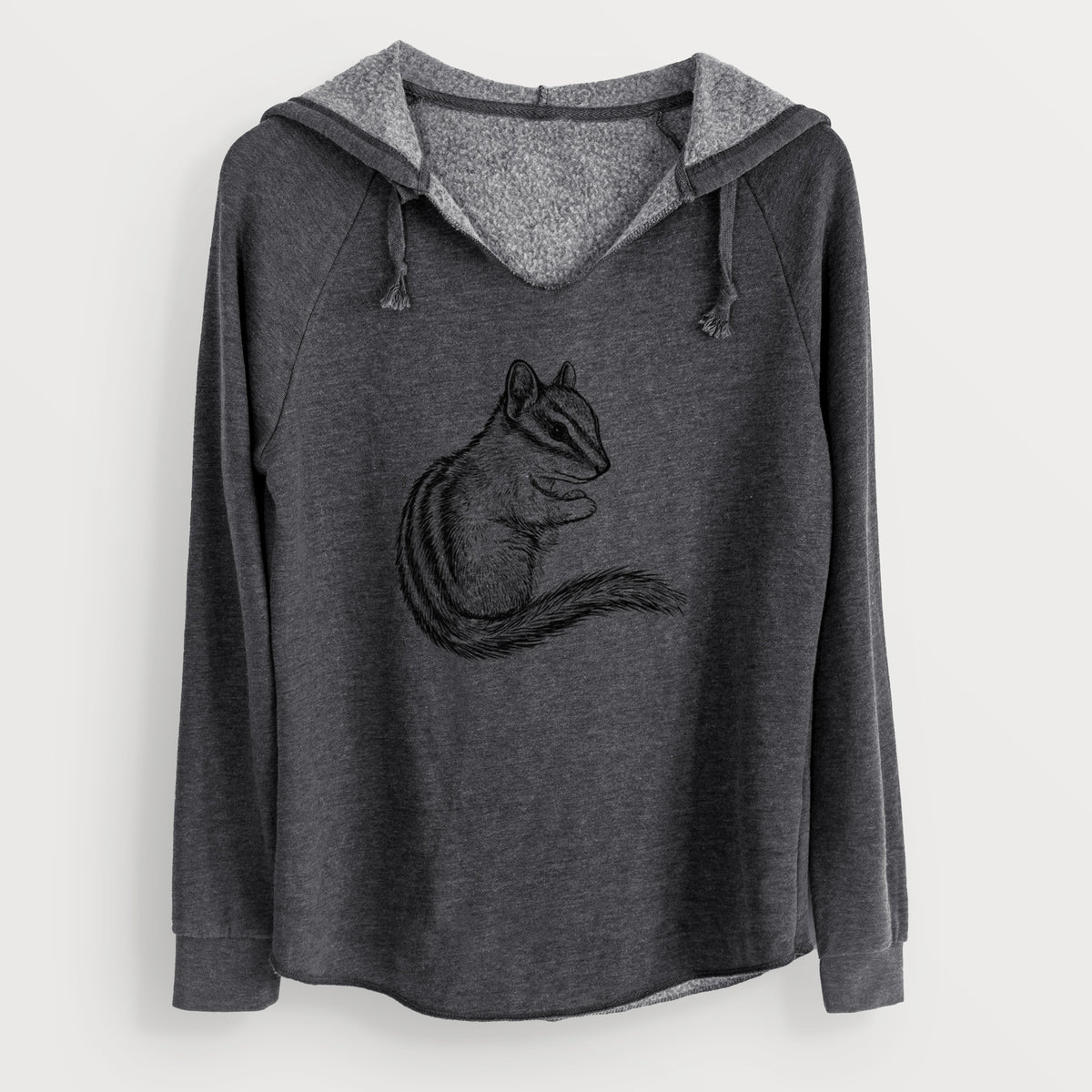 Charcoal grey women's Cali Wave hooded sweatshirt laid flat, printed with a detailed black ink illustration of a least chipmunk sitting and holding food in its paws.