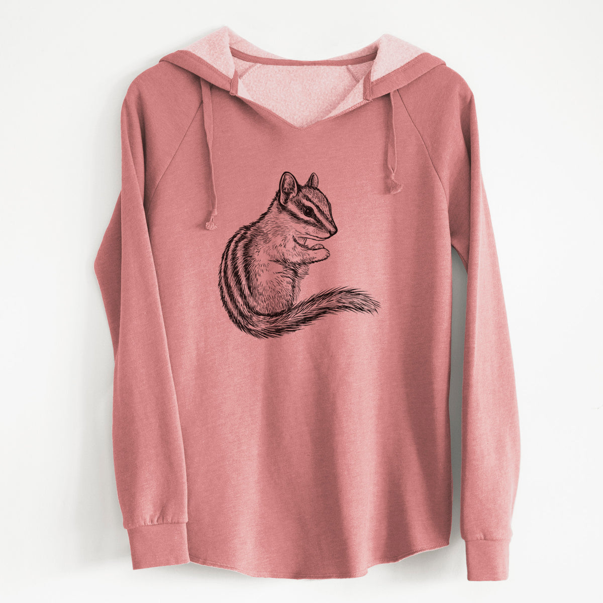 Dusty rose women's Cali Wave hooded sweatshirt laid flat, printed with a detailed black ink illustration of a least chipmunk sitting and holding food in its paws.