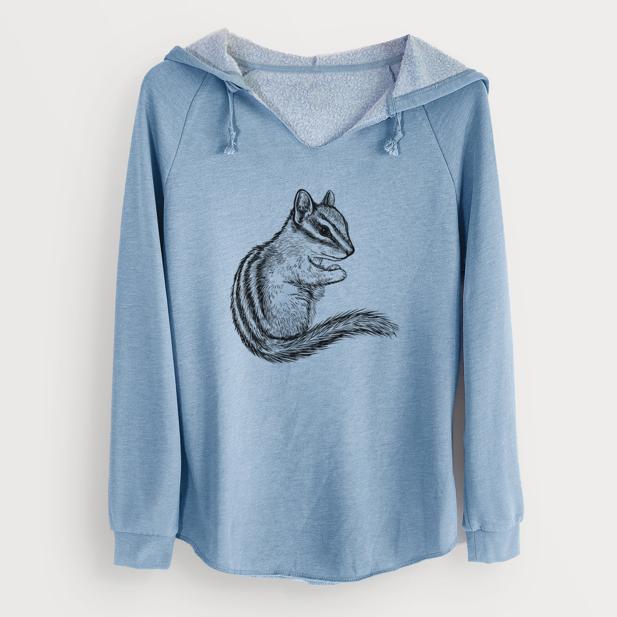 Misty blue women's Cali Wave hooded sweatshirt laid flat, printed with a detailed black ink illustration of a least chipmunk sitting and holding food in its paws.