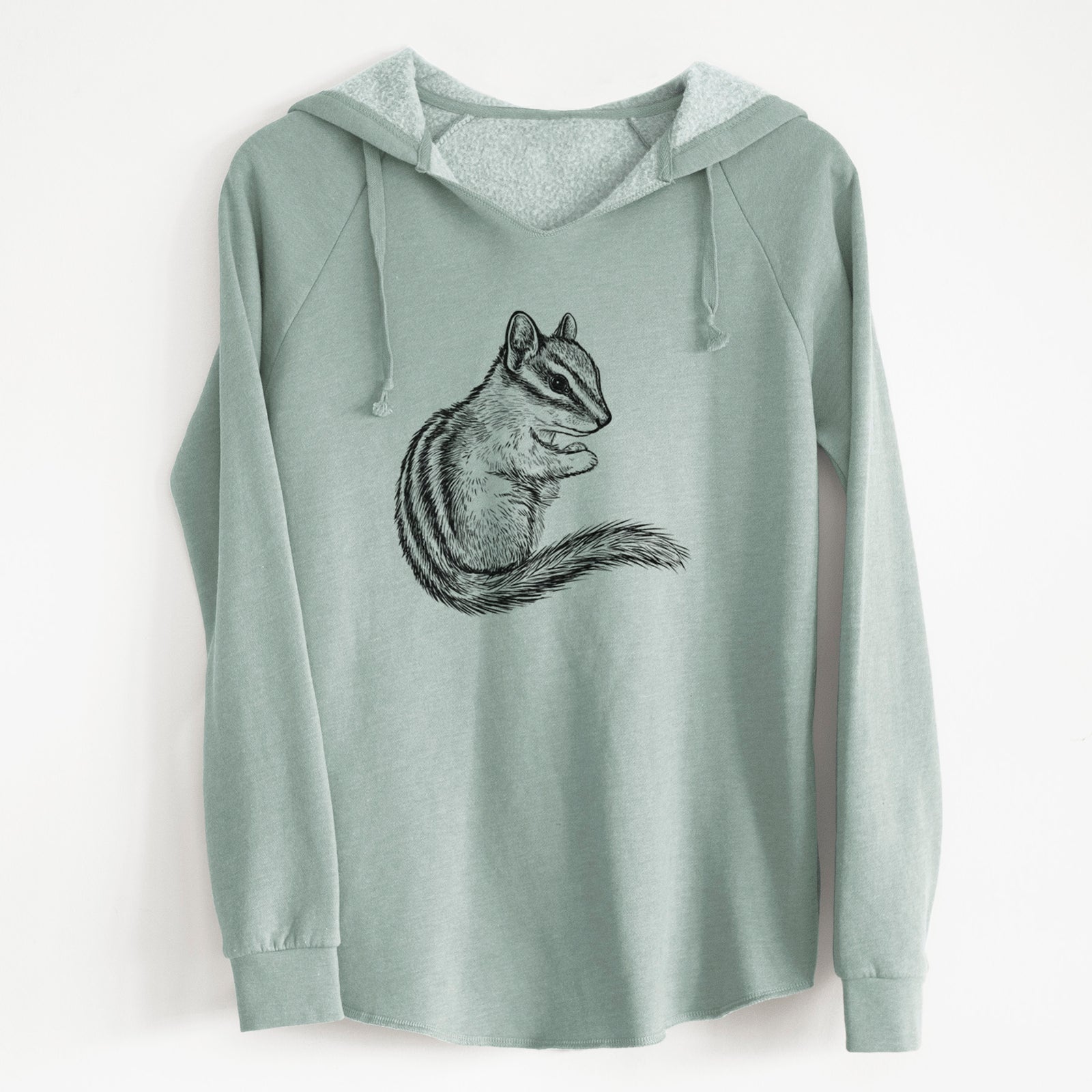 Sage green women's Cali Wave hooded sweatshirt laid flat, printed with a detailed black ink illustration of a least chipmunk sitting and holding food in its paws.