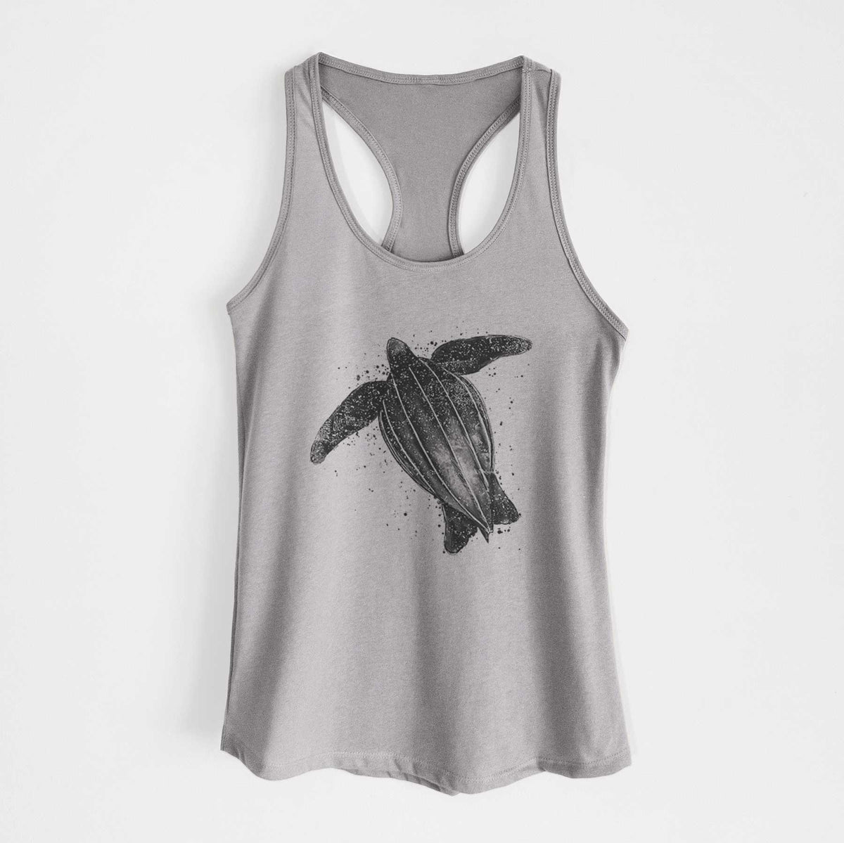 Heather grey women's racerback tank top laid flat, printed with a black ink illustration of a leatherback sea turtle swimming, with ink splatters.