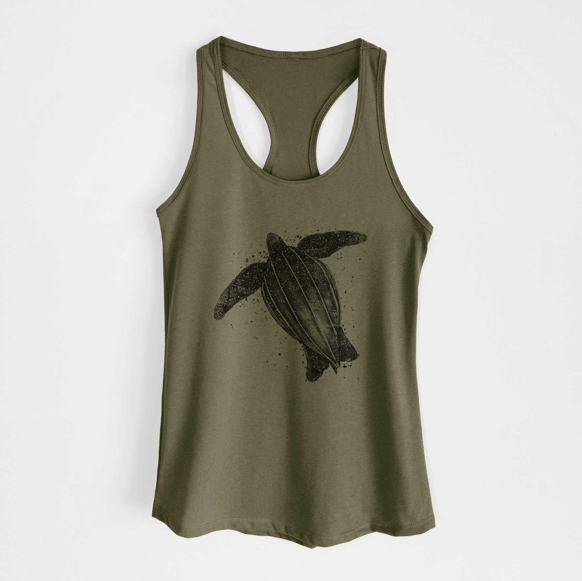 Military green women's racerback tank top laid flat, printed with a black ink illustration of a leatherback sea turtle swimming, with ink splatters.