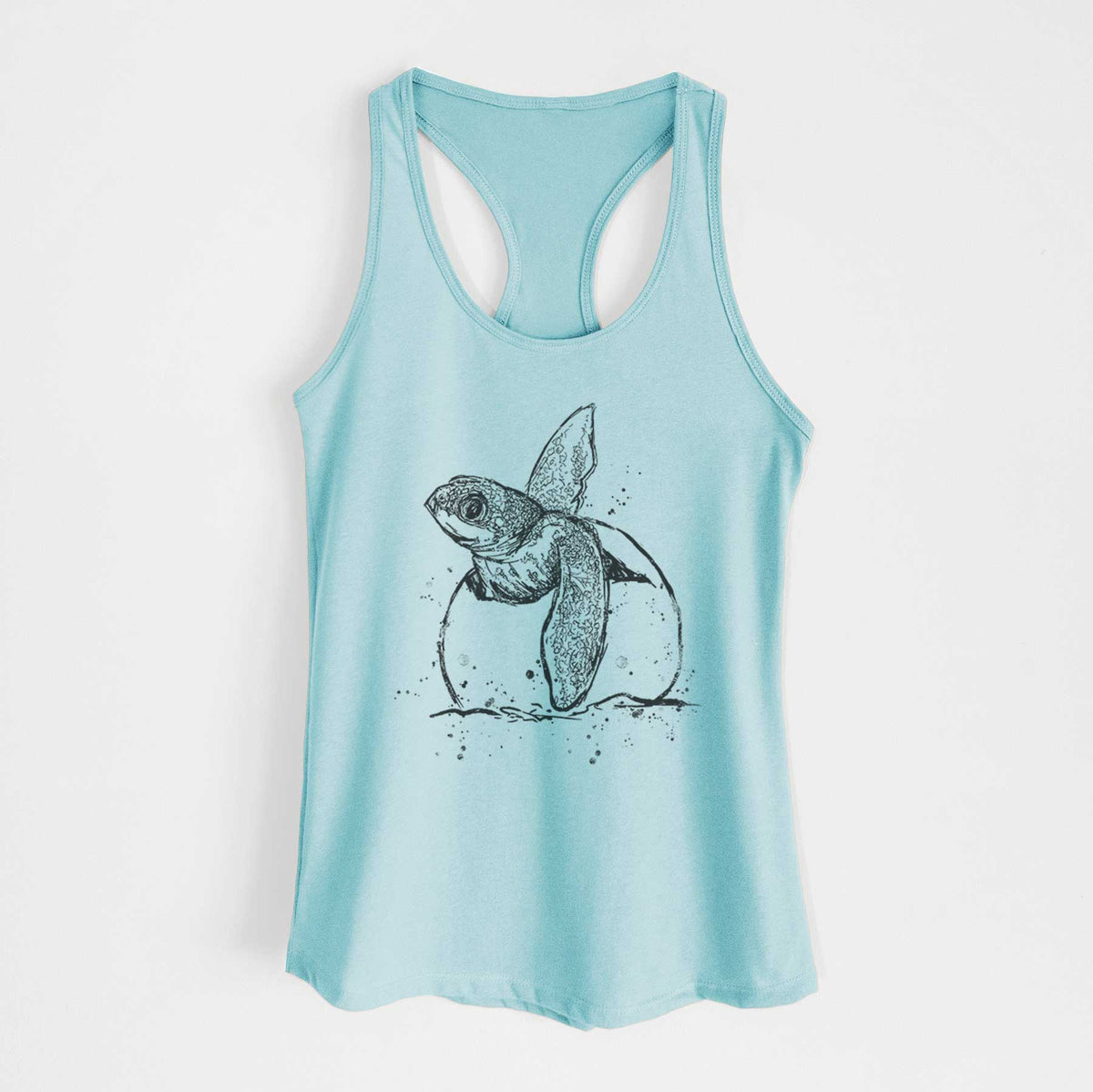 Cancun blue women's racerback tank top laid flat, printed with a black ink illustration of a leatherback sea turtle hatchling emerging from its egg.