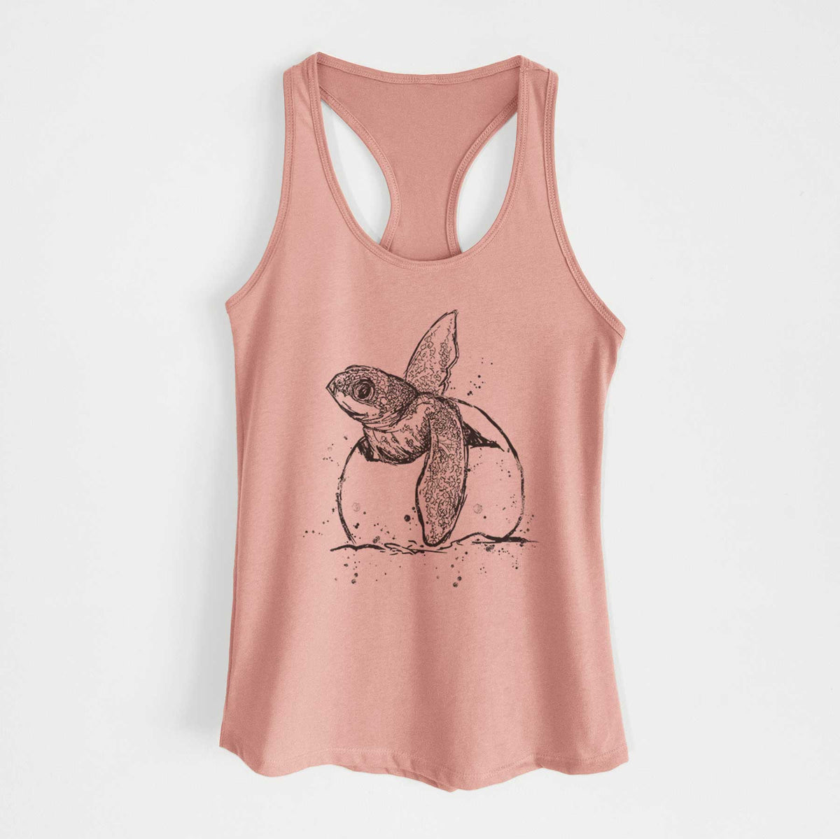 Desert pink women's racerback tank top laid flat, printed with a black ink illustration of a leatherback sea turtle hatchling emerging from its egg.
