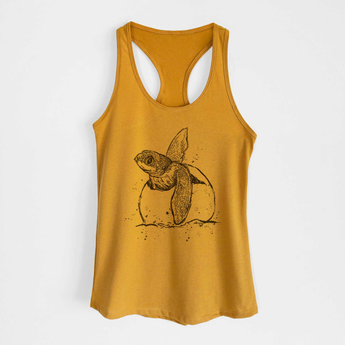 Gold women's racerback tank top laid flat, printed with a black ink illustration of a leatherback sea turtle hatchling emerging from its egg.