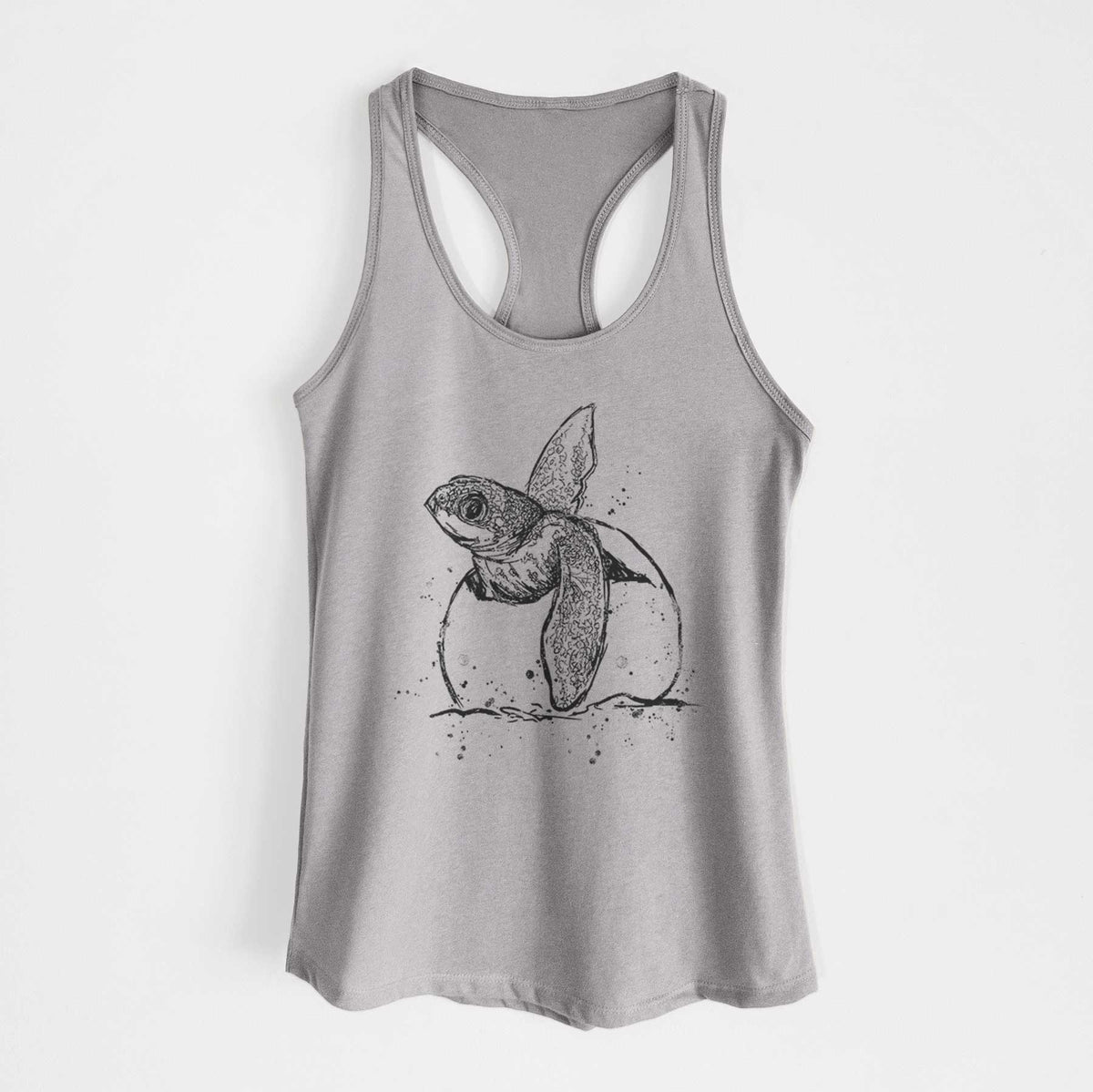 Heather grey women's racerback tank top laid flat, printed with a black ink illustration of a leatherback sea turtle hatchling emerging from its egg.
