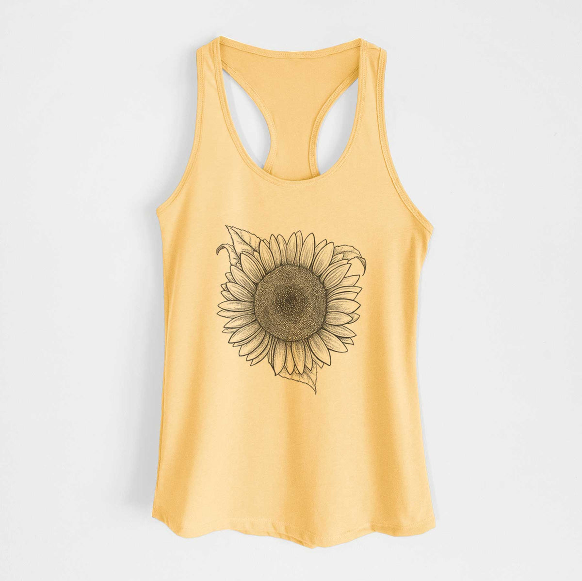 Banana cream women's racerback tank top laid flat, printed with a detailed black ink line drawing of a Lemon Queen sunflower in bloom.
