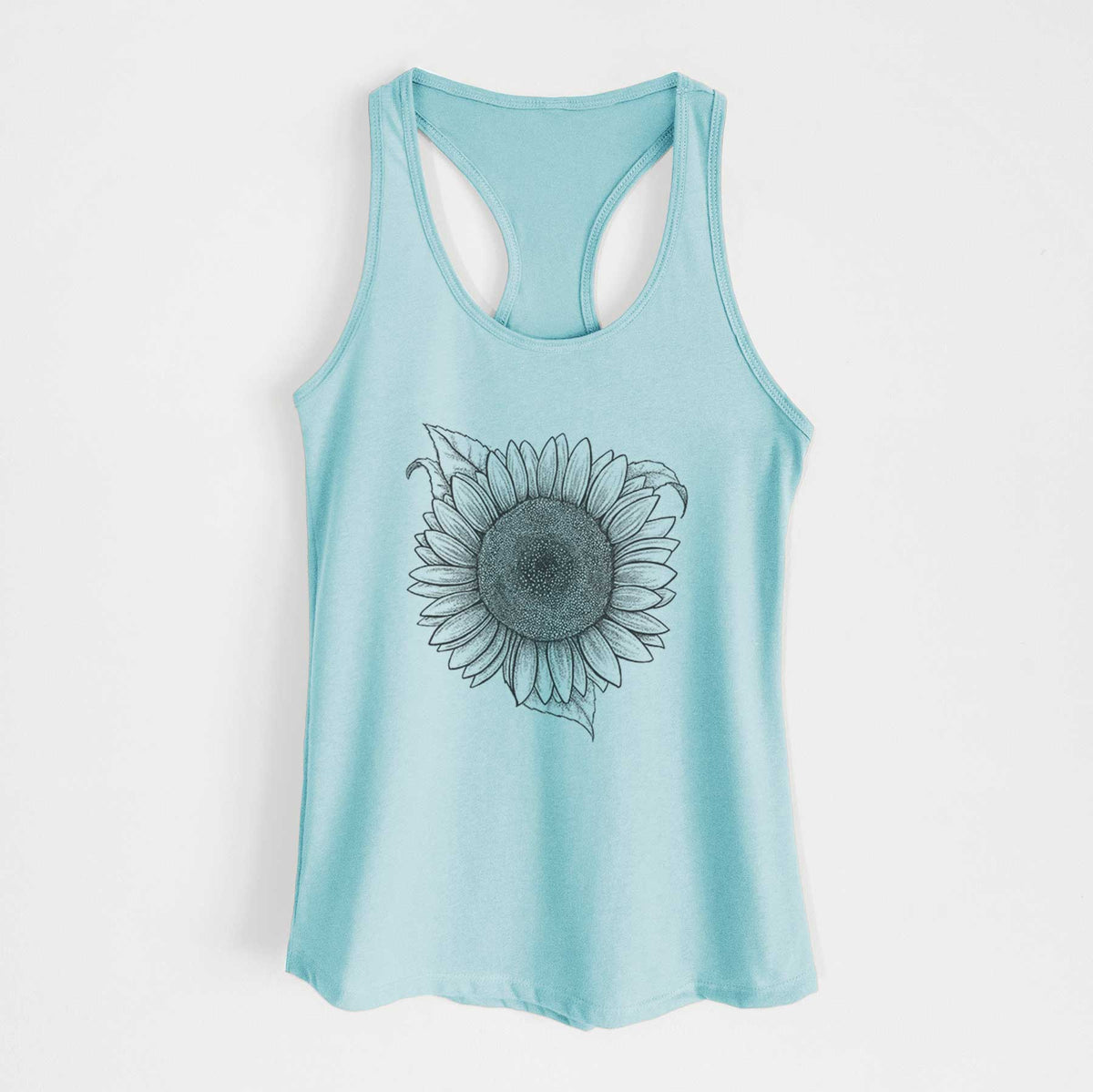 Cancun blue women's racerback tank top laid flat, printed with a detailed black ink line drawing of a Lemon Queen sunflower in bloom.