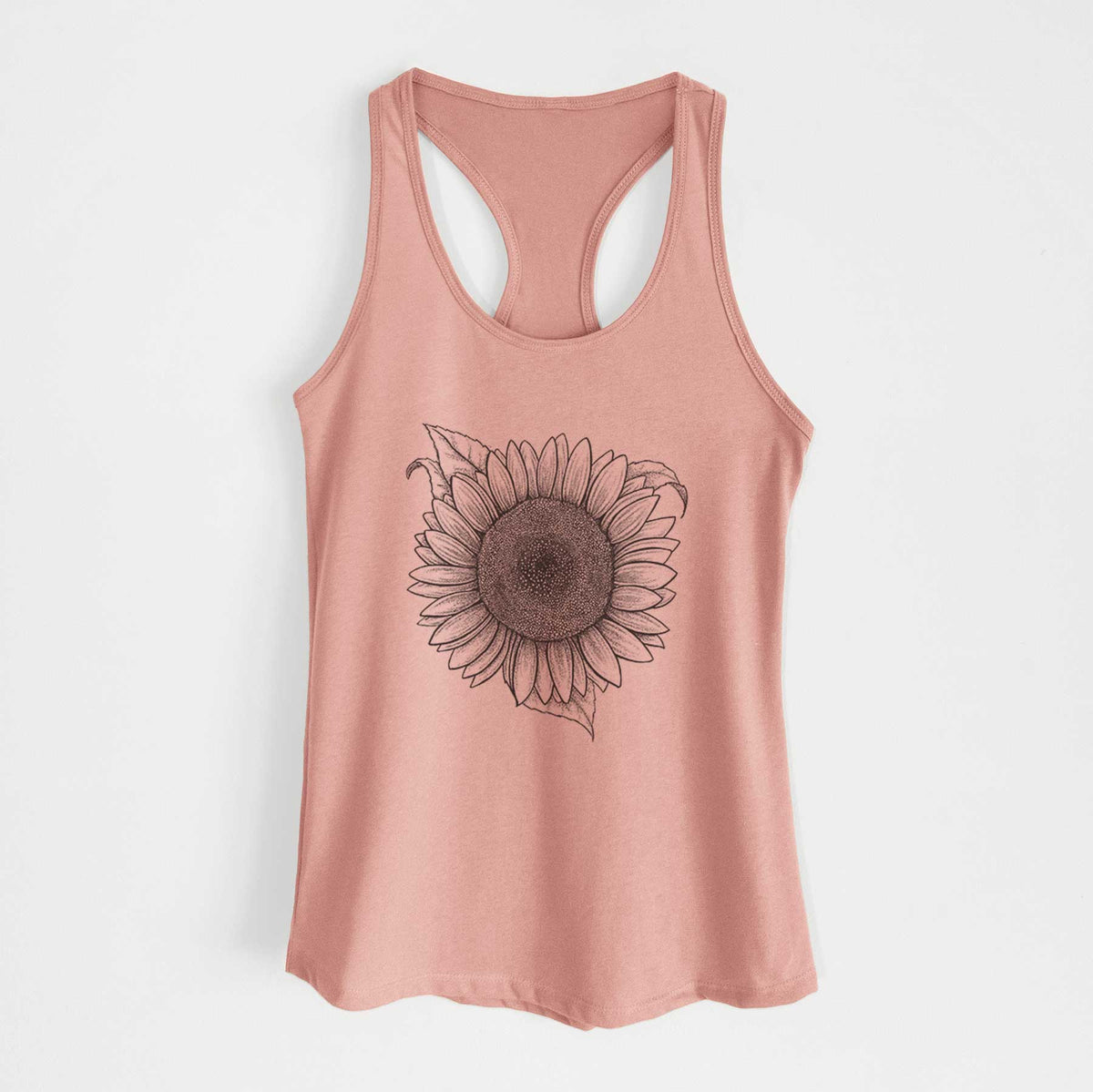 Desert pink women's racerback tank top laid flat, printed with a detailed black ink line drawing of a Lemon Queen sunflower in bloom.