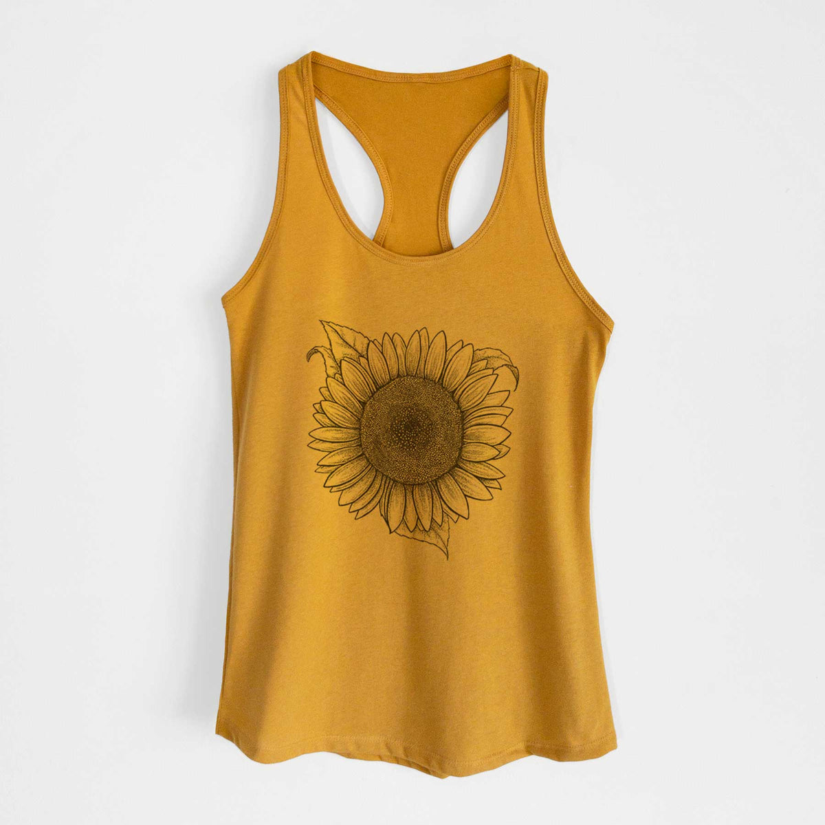 Gold women's racerback tank top laid flat, printed with a detailed black ink line drawing of a Lemon Queen sunflower in bloom.