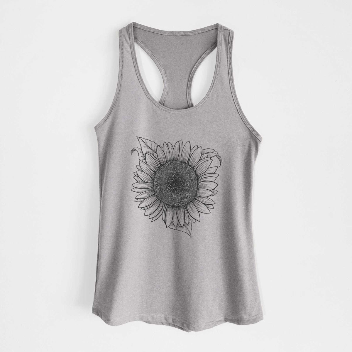 Heather grey women's racerback tank top laid flat, printed with a detailed black ink line drawing of a Lemon Queen sunflower in bloom.
