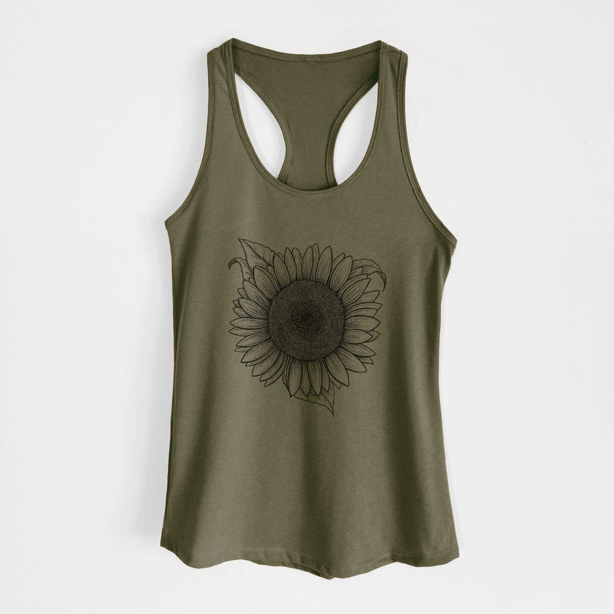 Military green women's racerback tank top laid flat, printed with a detailed black ink line drawing of a Lemon Queen sunflower in bloom.