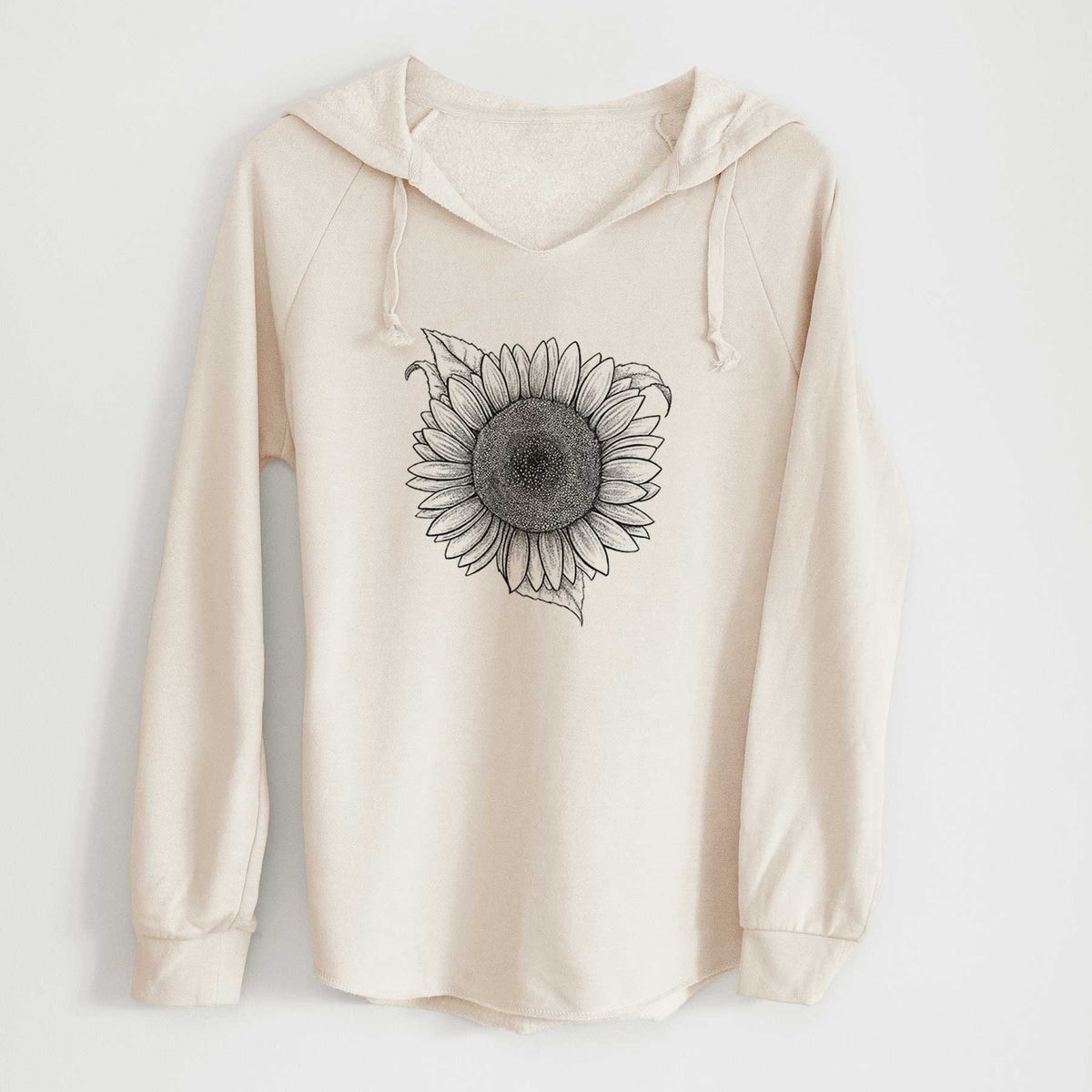 Bone cream women's Cali Wave hooded sweatshirt laid flat, printed with a detailed black ink line drawing of a Lemon Queen sunflower in bloom.