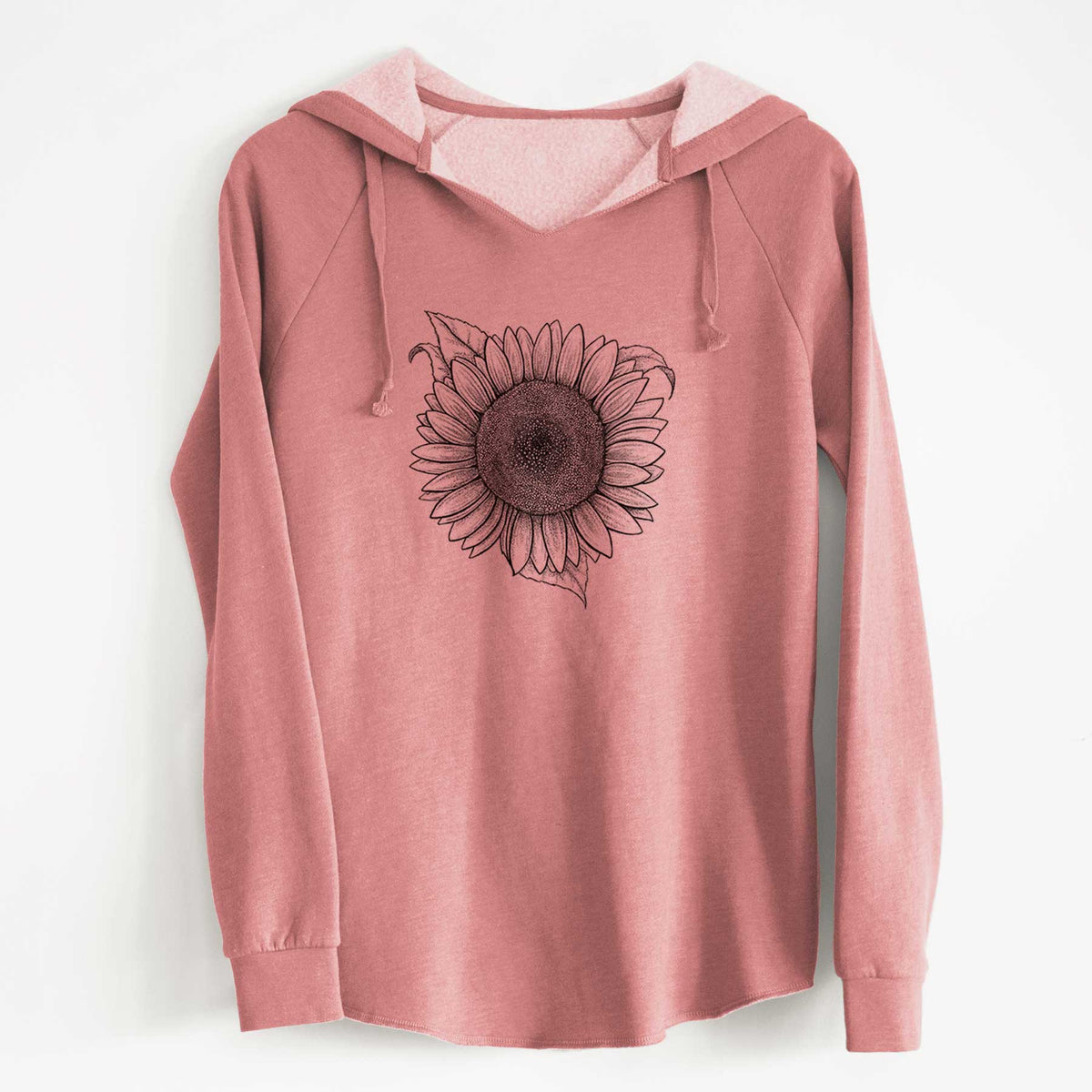 Dusty rose women's Cali Wave hooded sweatshirt laid flat, printed with a detailed black ink line drawing of a Lemon Queen sunflower in bloom.