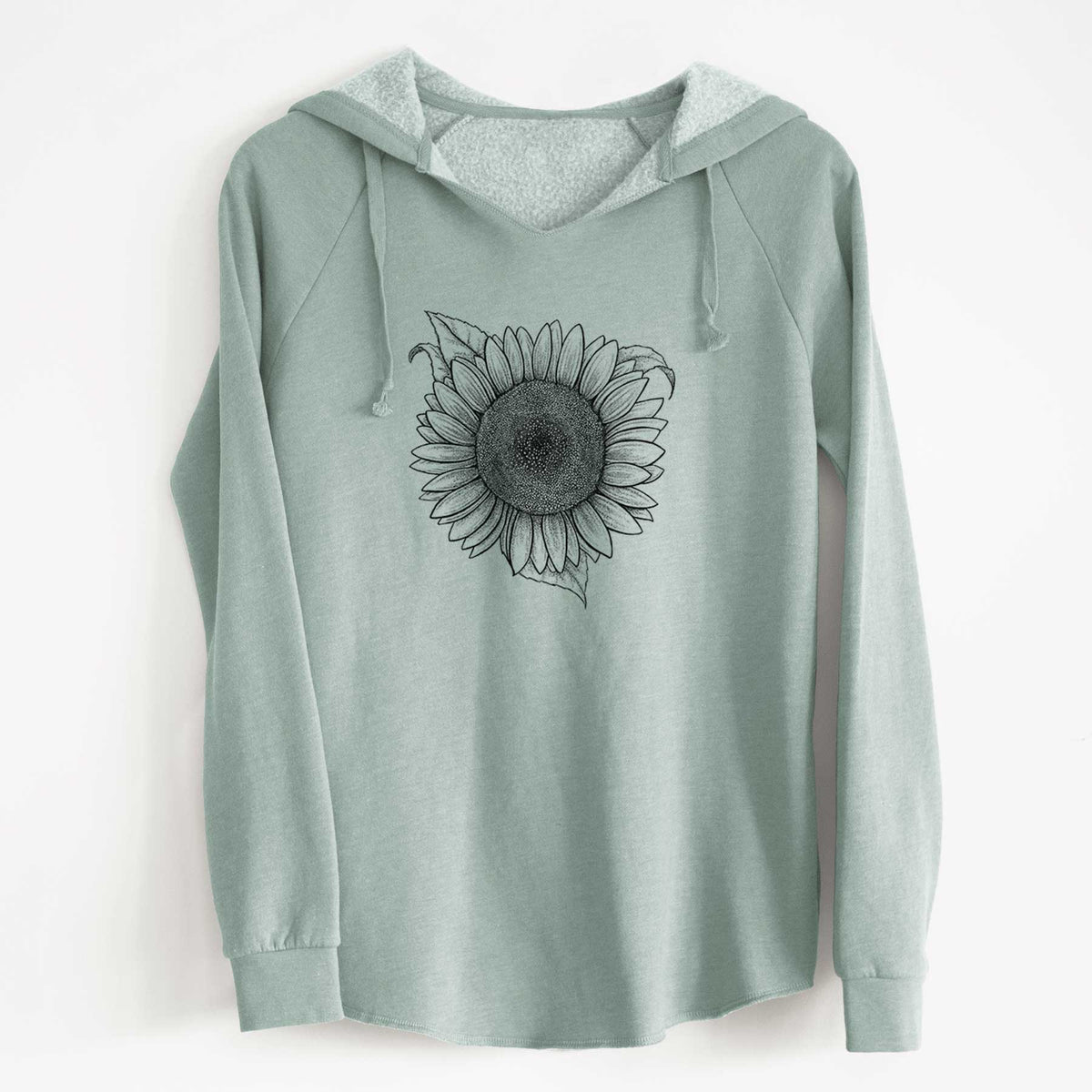 Sage green women's Cali Wave hooded sweatshirt laid flat, printed with a detailed black ink line drawing of a Lemon Queen sunflower in bloom.
