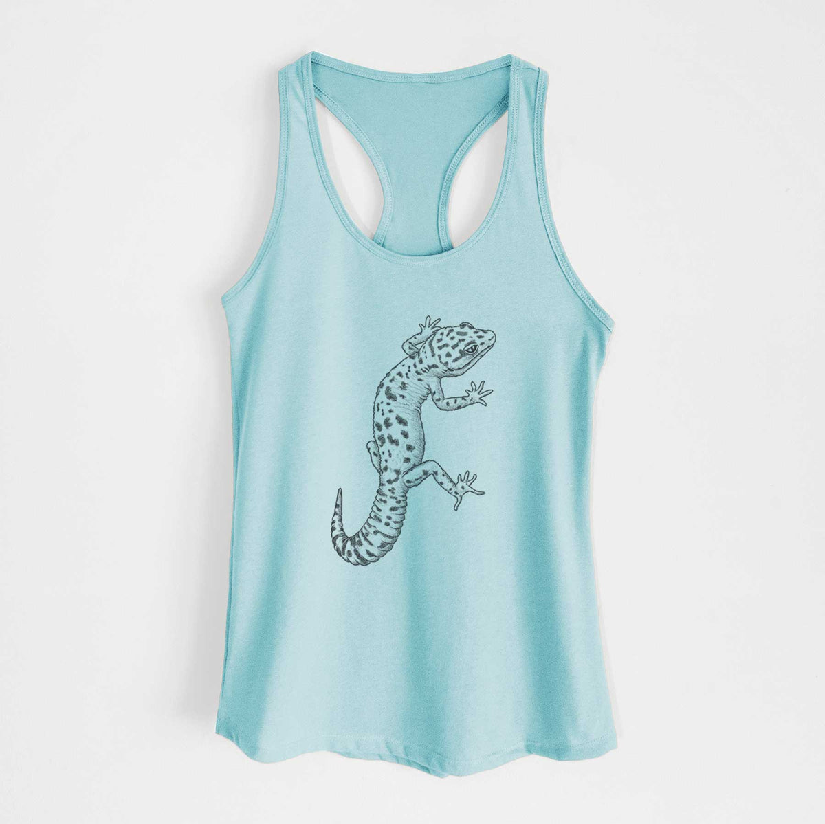 Cancun blue women's racerback tank top laid flat, printed with a detailed black ink illustration of a spotted leopard gecko climbing.